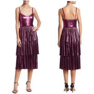 Marchesa Notte Pleated Tiered Metallic Midi Dress